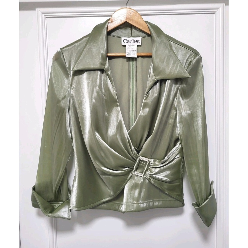 Vtg Cachet Seafoam Green Shimmer Rhinestone Faux Wrap Event Evening Top 12
